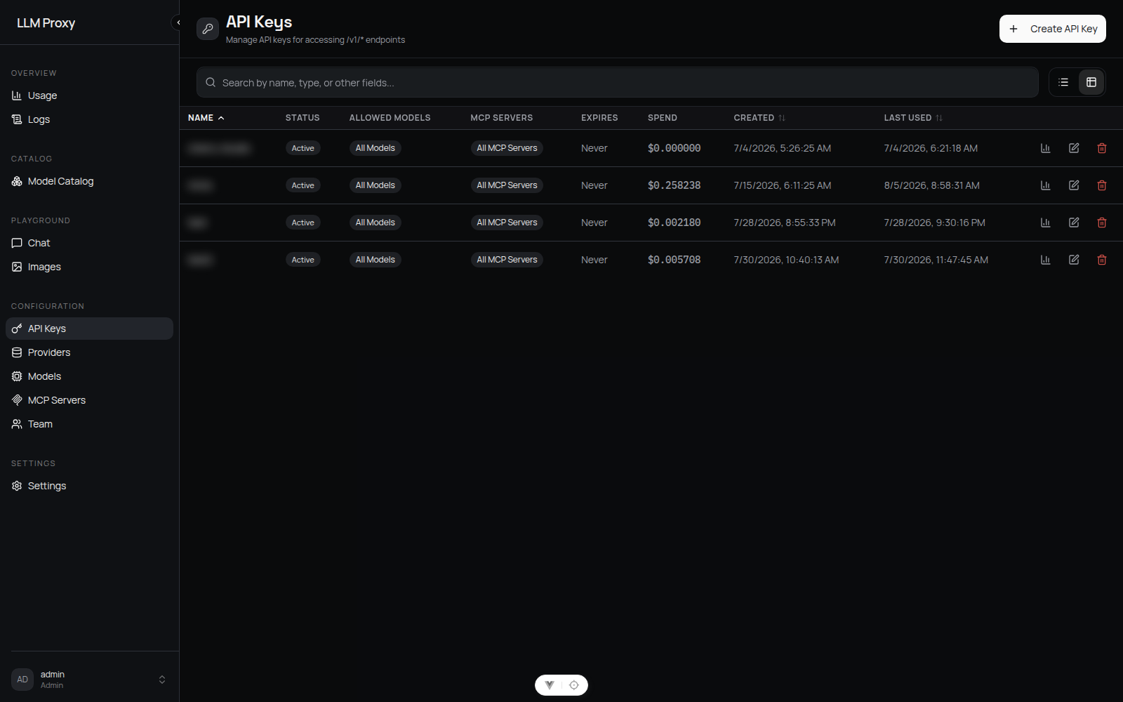 API keys screen