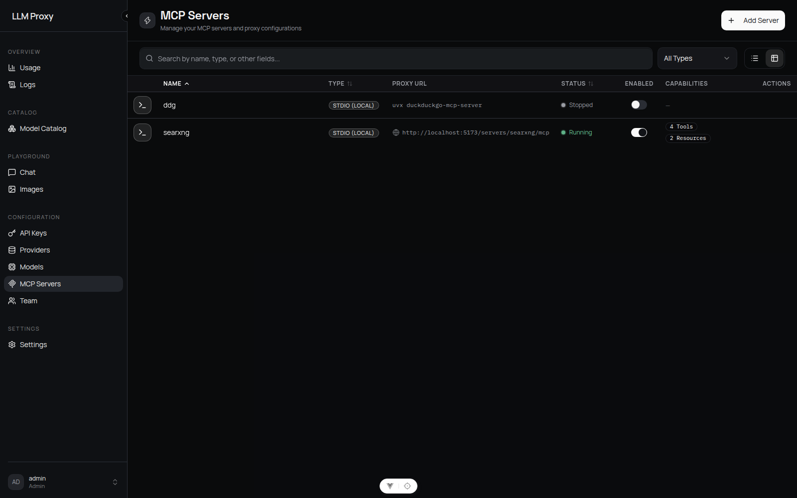 MCP servers screen