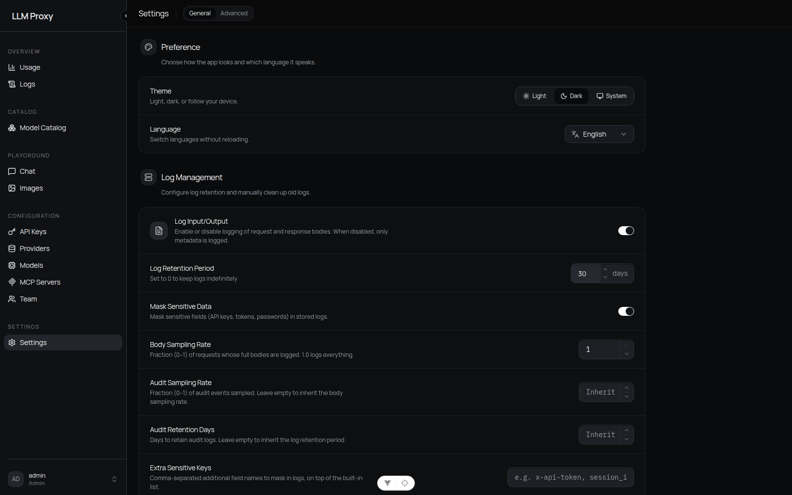 Settings screen